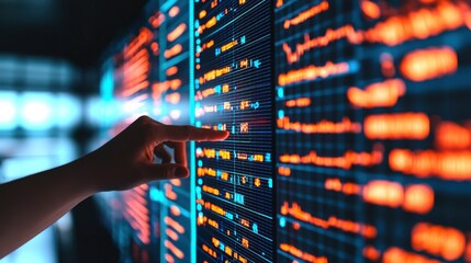 AI supervised machine learning. Digital interface with data visualization and a hand interacting with graphs.