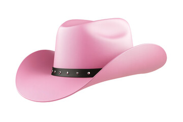 Pink cowboy hat with a black band and a black noseband, isolated