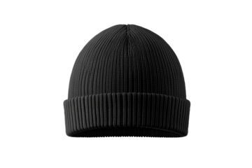 Black knit hat with a black band sits on a white background, isolated