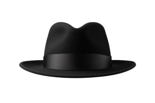 Black hat with a black ribbon around the top, isolated