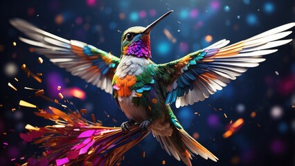 A vibrant, digitally rendered hummingbird is depicted mid-flight against a dark background