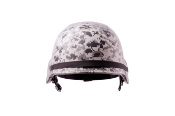 Camouflage helmet with a black strap, isolated