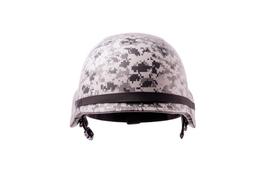 Camouflage helmet with a black strap, isolated