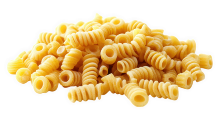 pile of uncooked pasta. specifically a type known for its spiral shape and hollow center. often used in various pasta dishes the bright yellow color indicates that it is made from durum wheat. making
