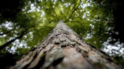 Upward close-up view of a tree trunk in a forest, sunlight filtering through leaves. Possible use for nature, environmental, or wilderness themes