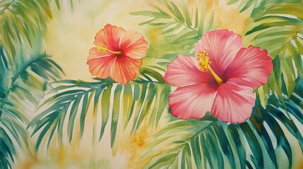 Vibrant Watercolor Hibiscus and Palm Leaves Artwork