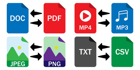 Minimalist file conversion icons set, including PDF to DOC, JPG to PNG, MP4 to MP3, TXT to CSV, and more. Perfect for UI, infographics, tutorials, and tech-related content.  