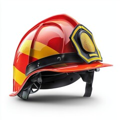 Bright red fire helmet with reflective stripes and shiny badge isolated on white background for emergency service imagery