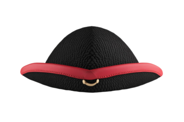 Black and red hat with a gold ring on the front, isolated