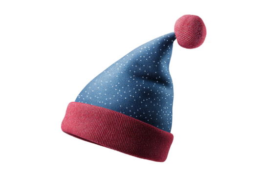 Blue and red hat with a red pom pom on top, isolated