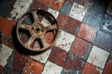 Rusty film reel on old floor