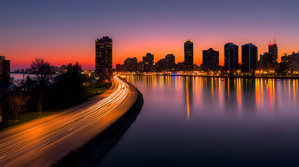 Obraz premium City Skyline at Sunset with Water Reflections and Light Trails