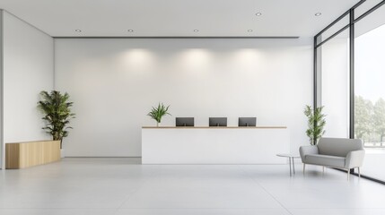 Modern office lobby with minimal design, embodying simplicity and professionalism in a clean, natural light setting.
