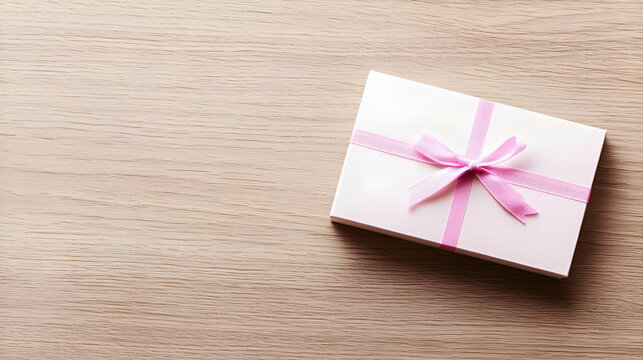 White Gift Box with Pink Ribbon on Wooden Background