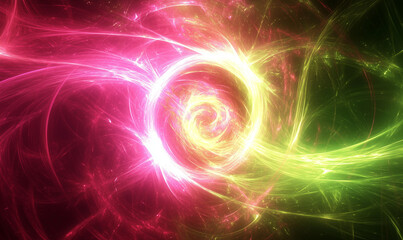 Vibrant hot pink and bright green spiral design radiating energetic motion with contemporary artistic flair