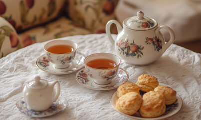 Fototapeta premium Charming cozy tea party setup featuring cups of steaming hot peach tea with delightful ambiance
