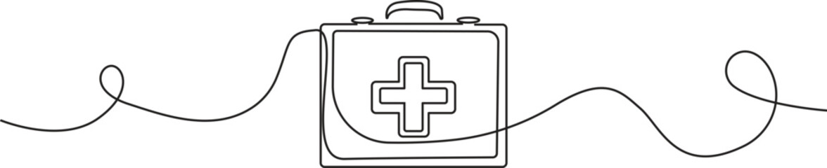 Continuous one line drawing of first aid box kit vector illustration, one line drawing of medical bag, Pro vector..