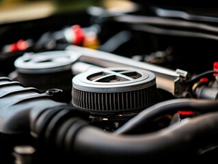 Fototapeta premium Close-up of a car engine with various components highlighting the intricate mechanics of automotive engineering