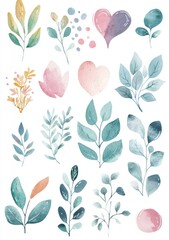 Fototapeta premium Watercolor Floral Elements and Decorative Leaves for Design Projects