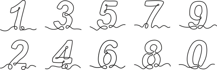 Vector hand drawn one line art numbers set. Signs as art, outline alphabet numbers from 1 to 0, Isolated white background, vector illustration. 