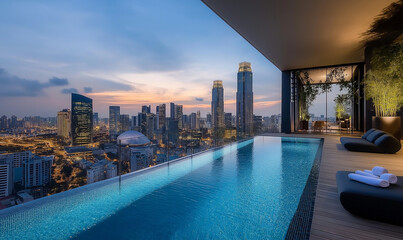 Fototapeta premium Sleek Contemporary Penthouse with Infinity Pool, Offering Elegant Luxury Living and Scenic Views