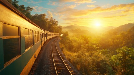 Fototapeta premium Scenic Train Journey Through Lush Green Landscape at Sunset