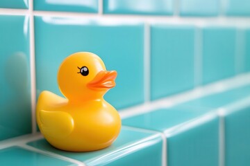 cheerful orange rubber duck perched on a glossy teal tile, reflecting playful light in a minimalist bathroom setting, exuding quirky charm.