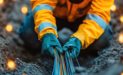 Broadband fiber access. Worker installing cables in a trench with glowing lights in the background.