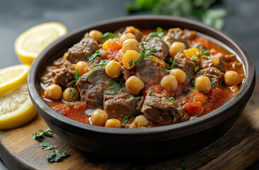 Delicious Chickpea & Meat Stew in Tomato Sauce – Hearty & Flavorful Dish Garnished with Fresh Parsley – Served in a Speckled Gray Bowl with Lemon Wedges on a Rustic Wooden Cutting Board