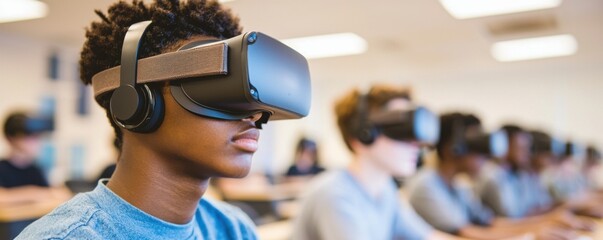 Broadband fiber access. Students using virtual reality headsets in a classroom setting.