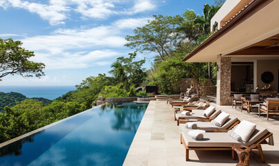 Fototapeta premium Lavish poolside lounge featuring comfortable chairs, umbrellas, and serene outdoor relaxation for luxury living