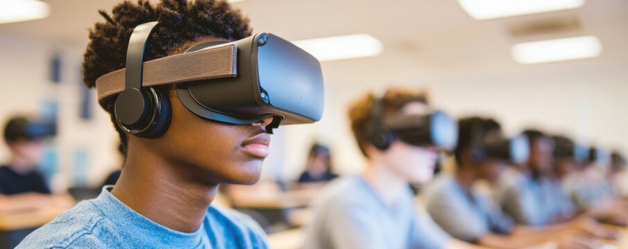 Broadband fiber access. Students using virtual reality headsets in a classroom setting.