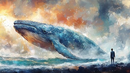 Fototapeta premium jonah and the whale watercolor illustration of a whale swimming in the ocean and a man on the shore watercolor digital painting