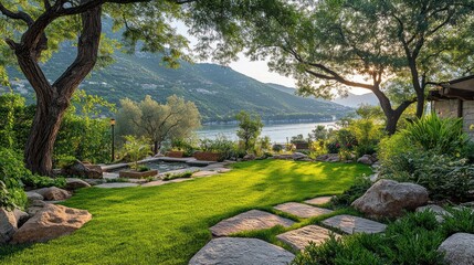 Serene garden landscape with lake and mountain view at sunset.