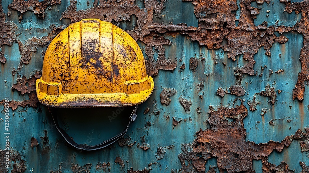 Aufkleber labor day old yellow helmet on a rusty metal background copy space for text
