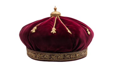 Red velvet hat with gold trim, isolated