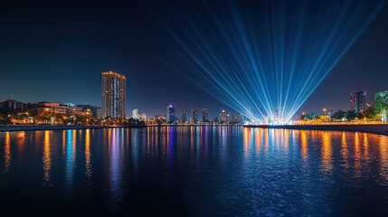 Fototapeta premium A city skyline with beams of light symbolizing economic progress and innovation