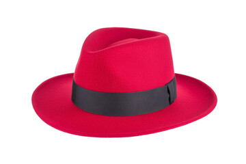 Red hat with a black band sits on a white background, isolated
