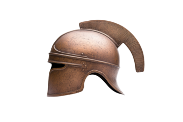 Bronze helmet with a black visor and a black strap, isolated