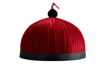 Red hat with a black band and a black ball on top, isolated