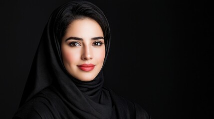 Confident Emirati woman, dark hijab, black background, portrait
