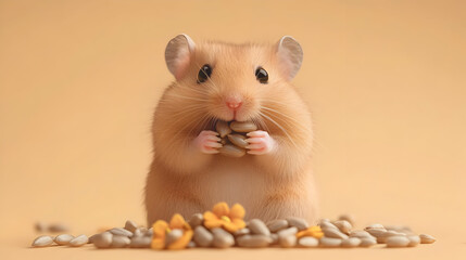 Adorable hamster enjoying a meal amidst scattered seeds, capturing the charm of small pets in a playful setting.