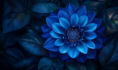 Intricately detailed deep blue flower surrounded by soft natural elements, showcasing vibrant elegance and beauty