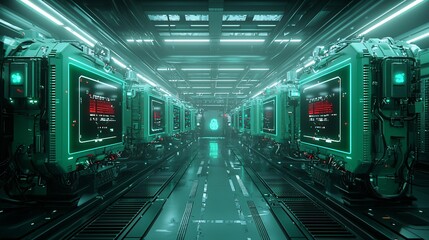 Fototapeta premium futuristic underground city illuminated by bioluminescent structures, AI-driven logistics and supply chains optimizing urban efficiency, smooth self-sustaining energy networks, cinematic sci-fi