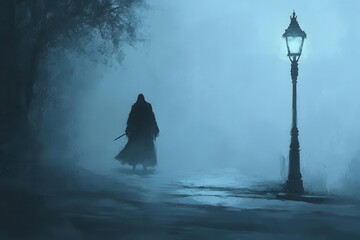 Fototapeta premium cloaked figure stalks a foggy street, knife gleams under a broken lamp, deep shadows twist, chilling menace in a stark gray and blue scene.