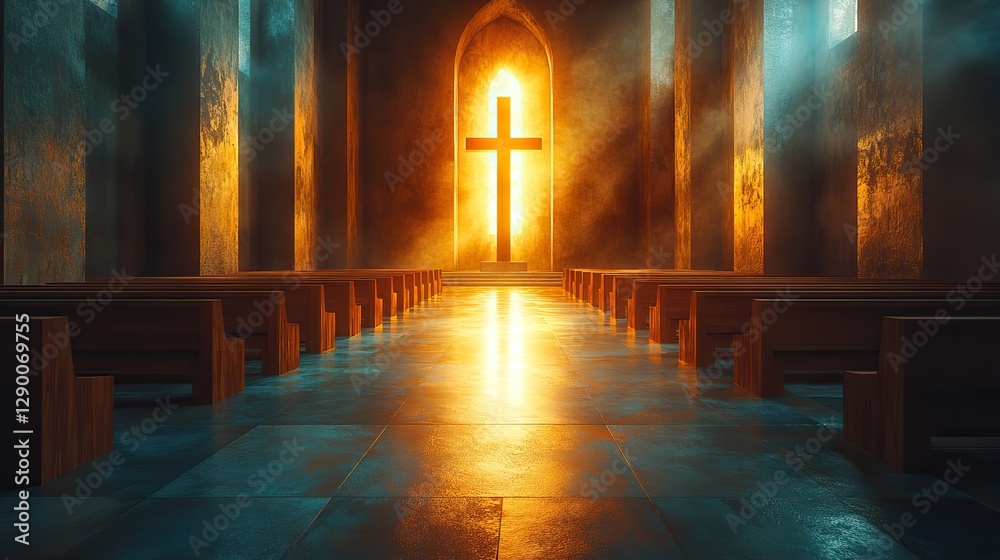 Aufkleber light of faith warm light streams through a cross shaped window in a tranquil chapel