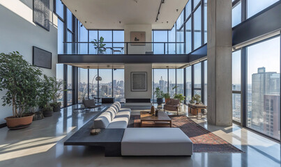 Fototapeta premium Modern penthouse showcasing a geometric design floor, expansive glass walls, and ultra-chic urban living style.