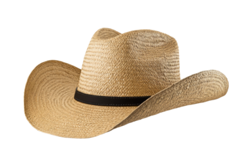 Straw cowboy hat with a black band and a black tip, isolated
