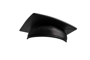 Black graduation cap is shown in a white background, isolated