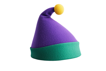 Purple hat with a green stripe and a yellow ball on top, isolated